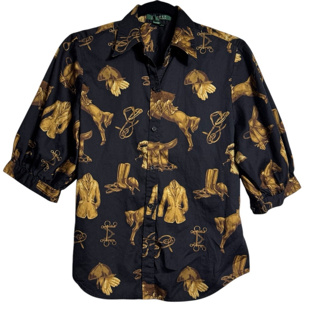 ⭐️Ralph Lauren Equestrian Horse Print Button Up Collared Black Women's Sz Small